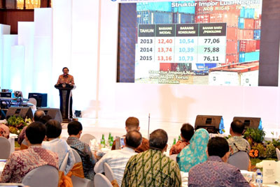 Gubernur Jatim Dr H Soekarwo memberikan sambutan sekaligus paparan pada acara Pertemuan Tahunan dengan Bank Indonesia Tahun 2015 di JW Marriot Surabaya.