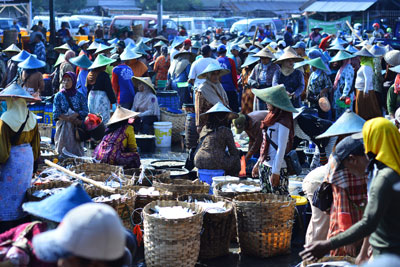 Suasana Pasar Ikan Lamongan yang dipenuhi pedagang saat melakukan transaksi jual beli ikan hasil petambak setempat.