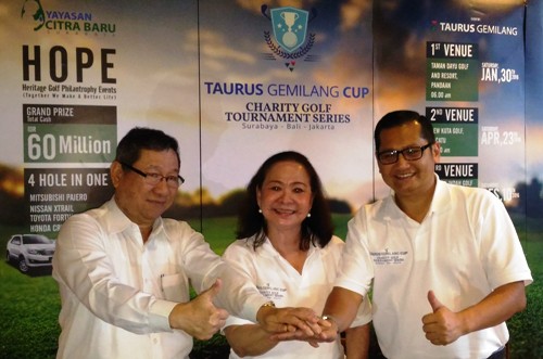Untuk membantu penderita cronio facial, PT Taurus Gemilang menggelar turnamen golf di tiga kota yang diikuti total 432 peserta. [M ali/bhirawa]