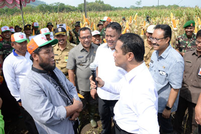 Menteri Pertanian RI Dr  Ir  H Andi Amran Sulaiman MP didampingi Wagub Jatim Drs H Saifullah Yusuf saat berdialog dengan petani jagung di Desa Gampingan Kec Pagak Kab Malang, Selasa (2/2).