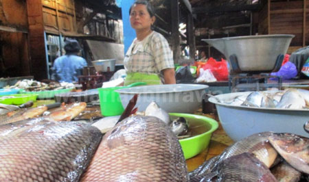 Pedagang ikan laut di pasar kota Bojonegoro sedang menunggu konsumen datang membeli. [achmad basir]