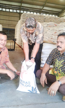 Kepala Gudang Bulog Klatakan, Sugiyatna bersama staf saat menunjukkan kualitas beras raskin layak konsumsi, di kantor, pagi kemarin. [sawawi]