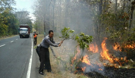 Anggota Polres Situbondo turut membantu memadamkan api yang membakar Hutan Baluran Kecamatan Banyuputih Situbondo, Minggu (4/9).
