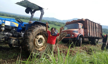 Petani tebu Bondowoso terpaksa menggunakan alat geret berbiaya tinggi untuk mengeluarkan truck dari lahan menuju jalan raya. [samsul tahar]